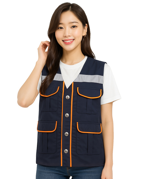 多口袋工作背心 薄內裡 訂製款 丈青滾橘 <span>VCAN-G-01</span>示意圖