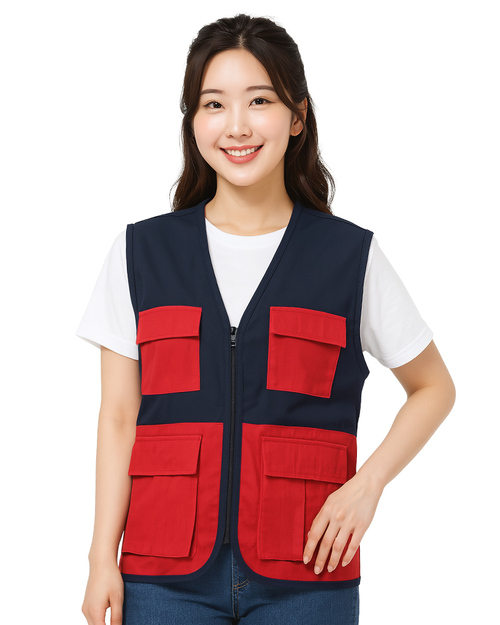 多功能工作背心｜洞洞布 訂製款｜拉鍊 丈青配紅｜<span>VCAN-G2-02</span>示意圖