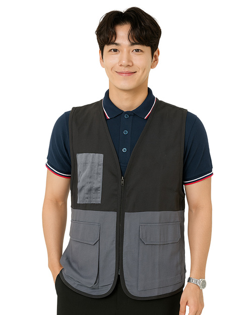 服務背心訂製 拉鍊款｜剪接貼袋 黑拼灰｜<span>J065A-01</span>示意圖