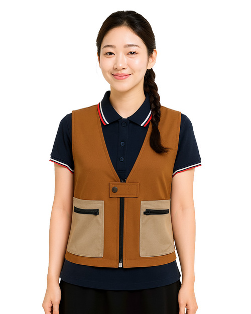 服務背心訂製｜拉鍊釘釦｜褐色配卡其｜<span>VB-HX-0006-01</span>示意圖