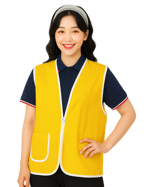 活動背心訂製｜釦子款｜圓角口袋 黃滾白｜<span>VUI-D03</span>示意圖
