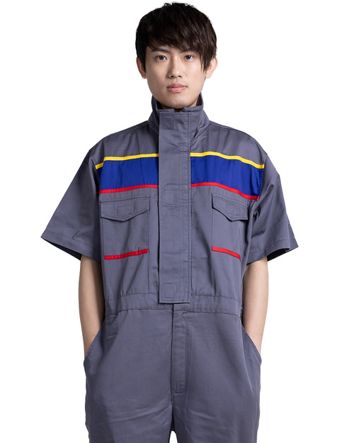 連身工作服短袖訂製-灰配寶藍紅黃 <span>WORKC-B01</span>示意圖