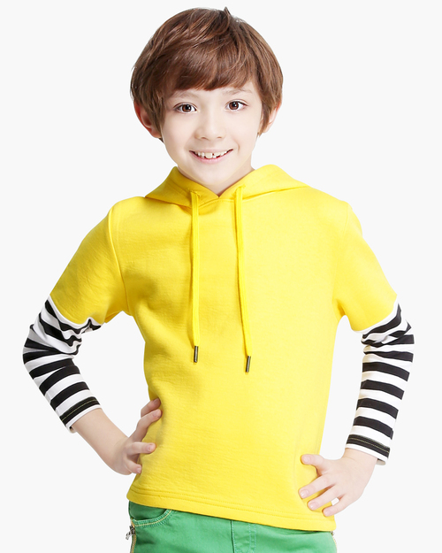 保暖厚棉帽T/條紋接袖款/童-黃色示意圖