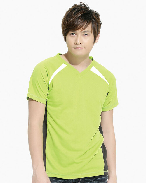 透氣排汗衣 V領短袖 運動造型款 男 螢光綠配黑示意圖