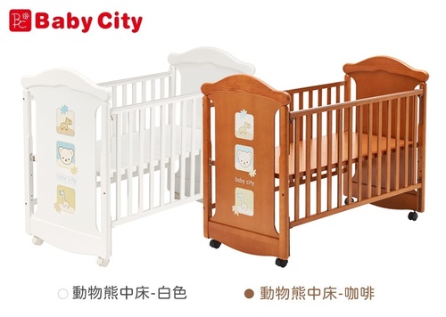 Baby City娃娃城-動物熊搖擺中大床含床墊(柚木/白)示意圖