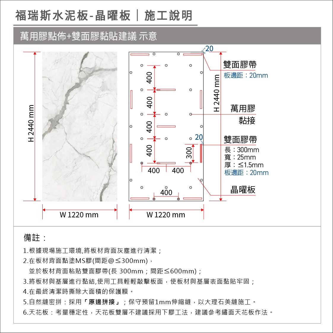 永逢 福瑞斯水泥板-晶曜板-輕隔間施工方法說明-點膠&膠帶說明