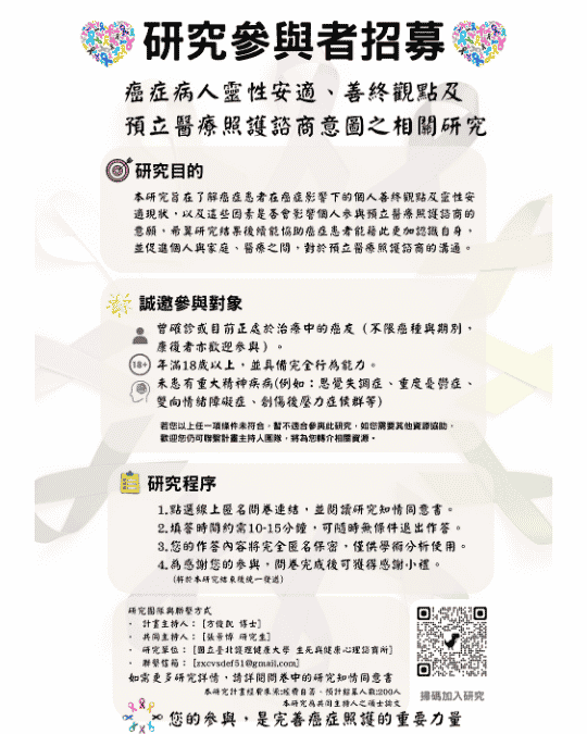 【研究參與者招募】癌症病人靈性安適、善終觀點及預立醫療照護諮商意圖之相關研究