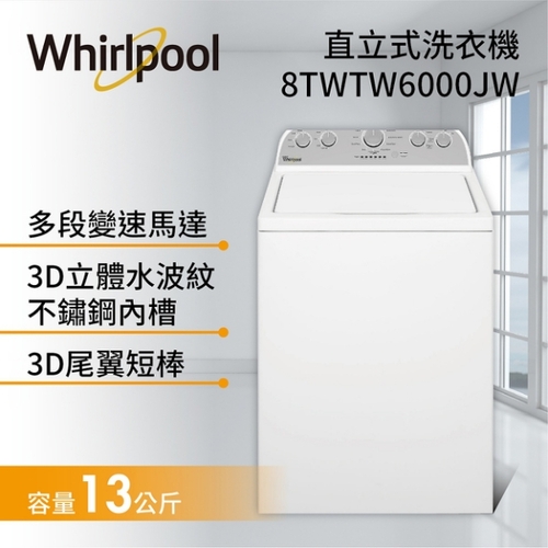 Whirlpool 惠而浦 13公斤 直立式 洗衣機 8TWTW6000JW 典雅白+基本安裝示意圖