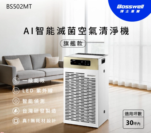 Bosswell博士韋爾 AI智能滅菌空氣清淨機 旗艦款 30坪內 BS502MT((0耗材/可水洗/雙電離技術++UVC LED)示意圖