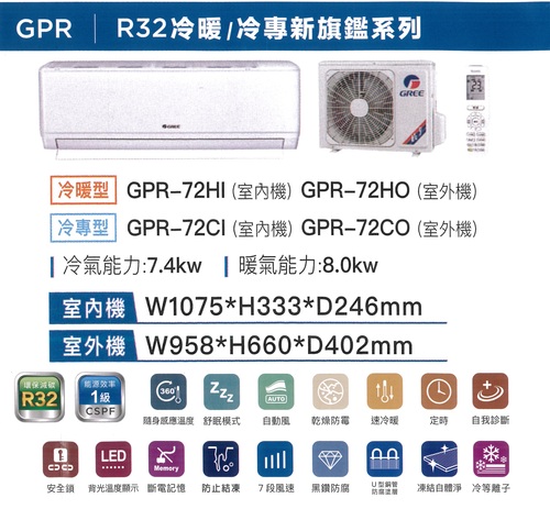 GREE 格力冷暖型-GPR系列變頻分離式冷氣空調GPR-72HO/GPR-72HI+基本安裝示意圖