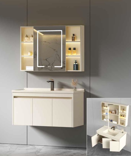 100CM-不鏽鋼烤漆臉盆+不鏽鋼浴櫃/LED鏡櫃/不含龍頭示意圖