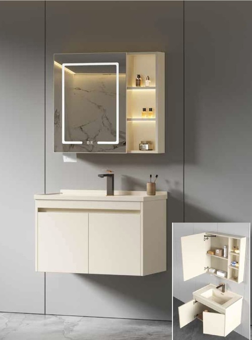 60CM-不鏽鋼烤漆臉盆+不鏽鋼浴櫃/LED鏡櫃/不含龍頭示意圖