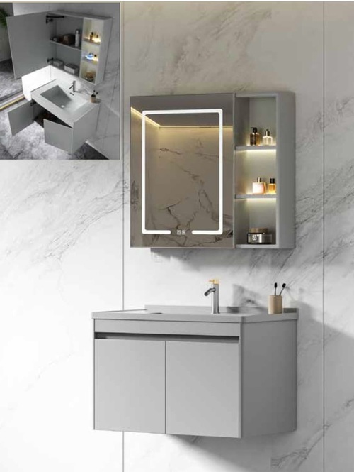 60CM-不鏽鋼烤漆臉盆+不鏽鋼浴櫃/LED鏡櫃/不含龍頭示意圖