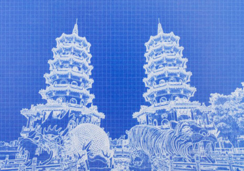 藍晒台灣建築系列 - 龍虎塔示意圖