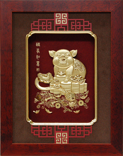 純金箔藝術立體金箔畫生肖系列-豬事如意示意圖
