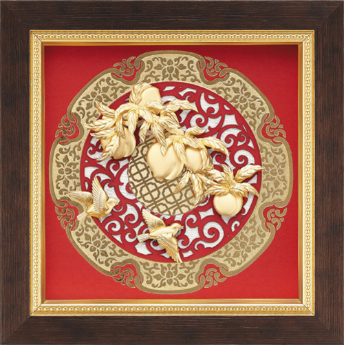 純金箔圓型窗花藝術立體金箔畫-桃李滿門示意圖