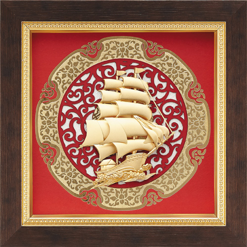 純金箔圓型窗花藝術立體金箔畫-一帆風順示意圖