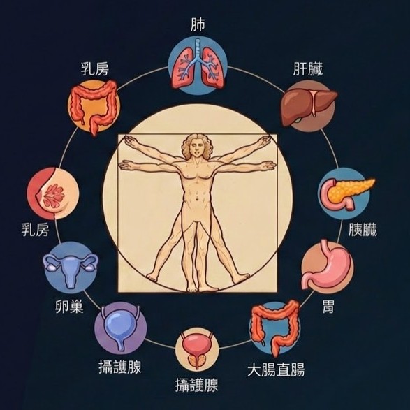 癌液篩 8 種常見癌症多器官示意圖