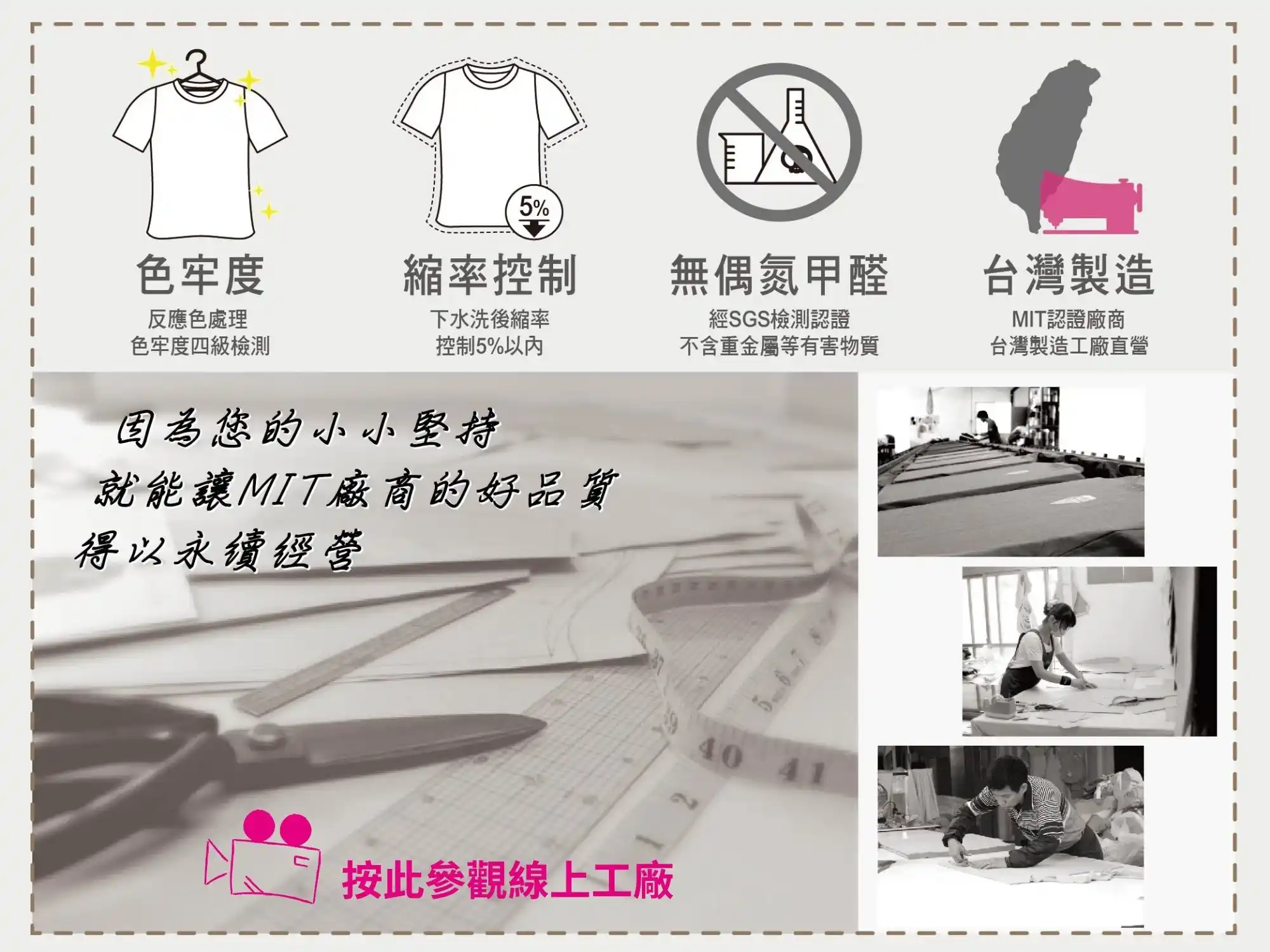 D&T衣的廠團體服 MIT台灣製造品質控管示意圖，包含色牢度、縮率控制、無偶氮甲醛與自有工廠製程