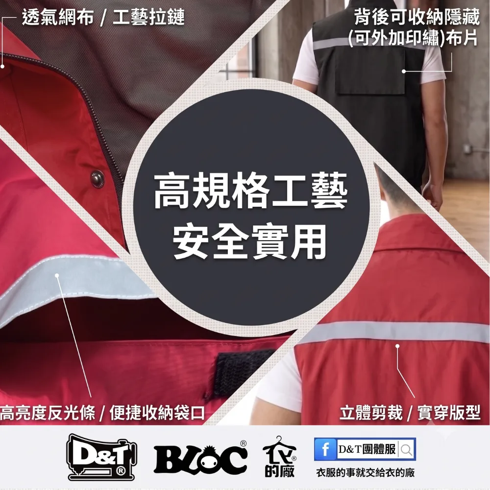 D&T「防災應變多功能背心」的高規格工藝細節四宮格特寫。圖中圓形文字標註「高規格工藝·安全實用」。四張細節圖分別展示:(左上) 透氣網布與精緻工藝拉鍊;(右上) 背部防風排氣口;(左下) 高亮度反光條與便捷拉鍊口袋;(右下) 立體剪裁與實穿挺括版型。