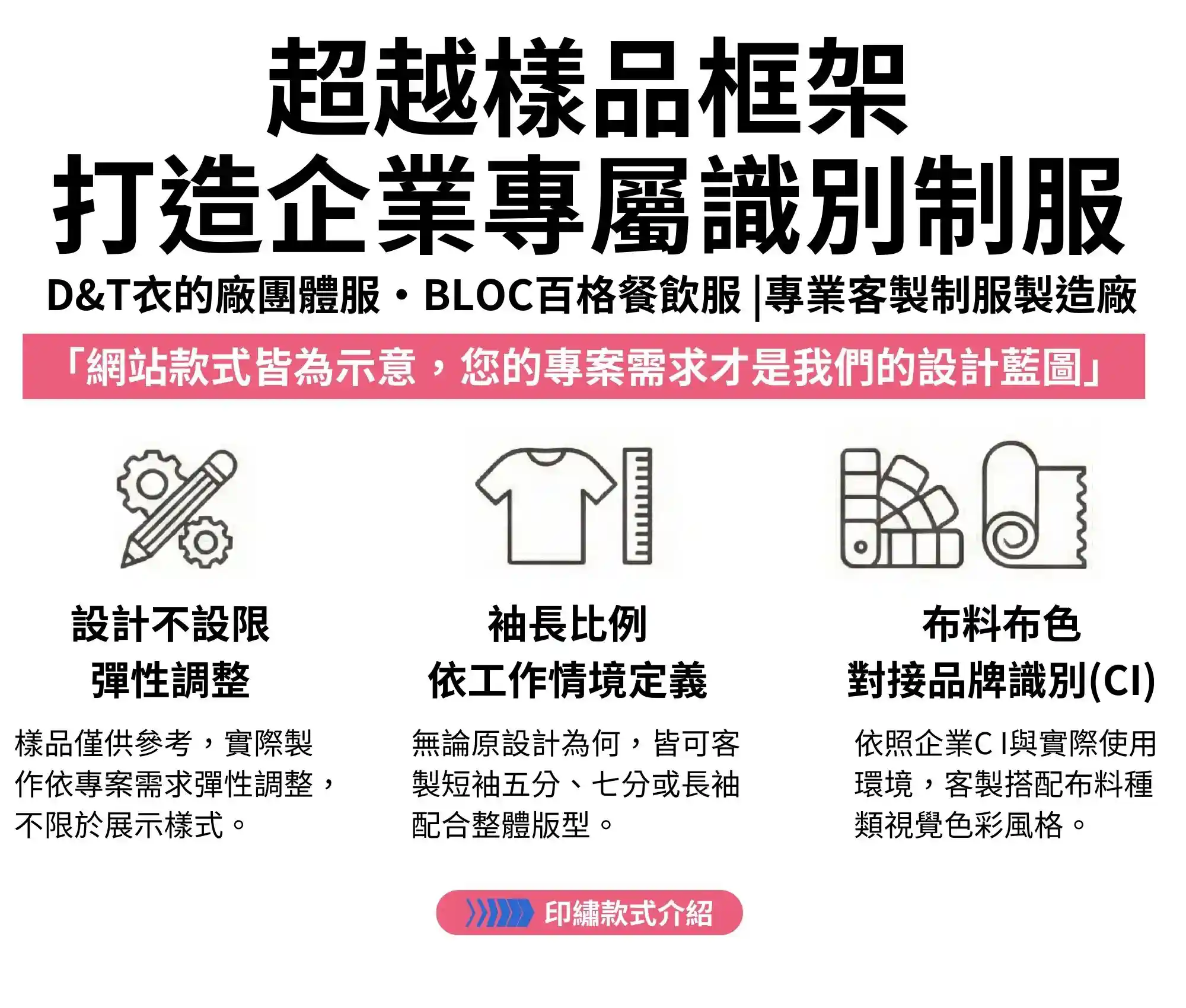 D&T衣的廠團體服・BLOC百格餐飲服 客製制服樣品說明,袖長比例、布料配色與企業識別可依專案需求調整