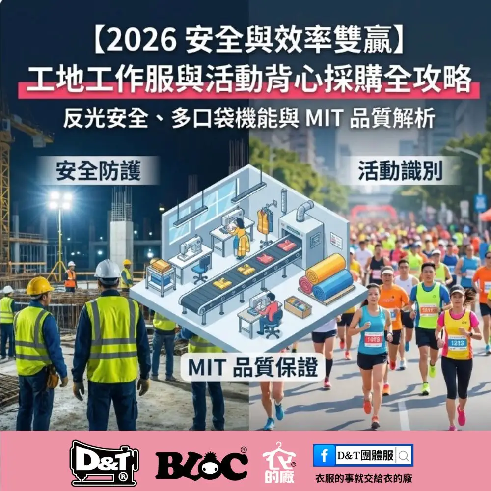 【2026 安全與效率雙贏】工地工作服與活動背心採購全攻略，展示安全防護、活動識別與 MIT 台灣製造品質保證。