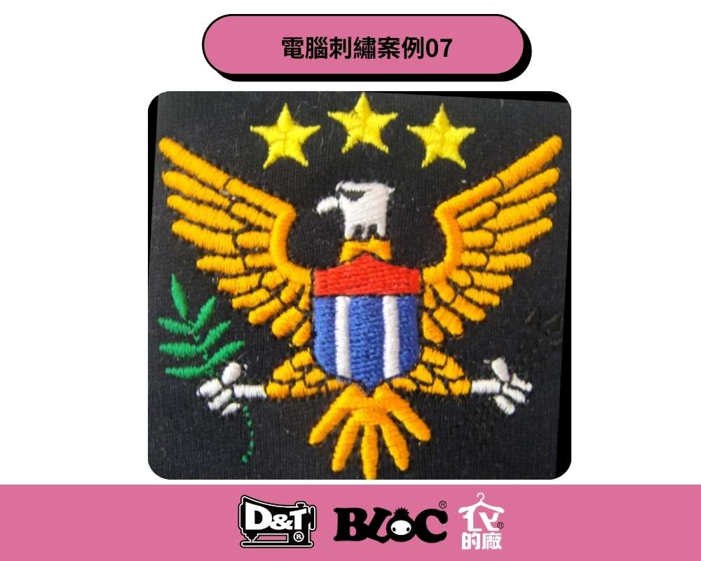Dnt客製化電腦刺繡，繡有老鷹展翅和三顆星星圖案的設計。