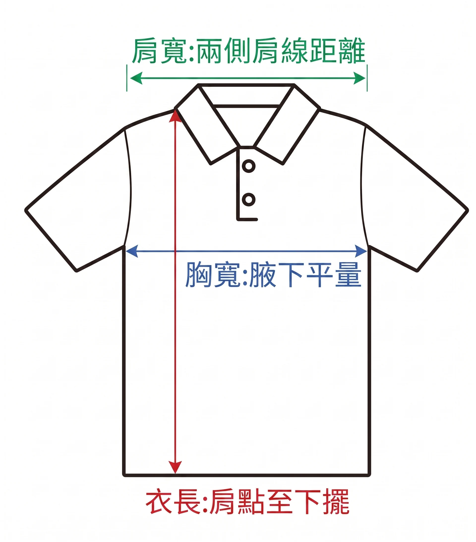 D&T中性版POLO衫量測示意圖 肩寬胸寬衣長測量方式說明