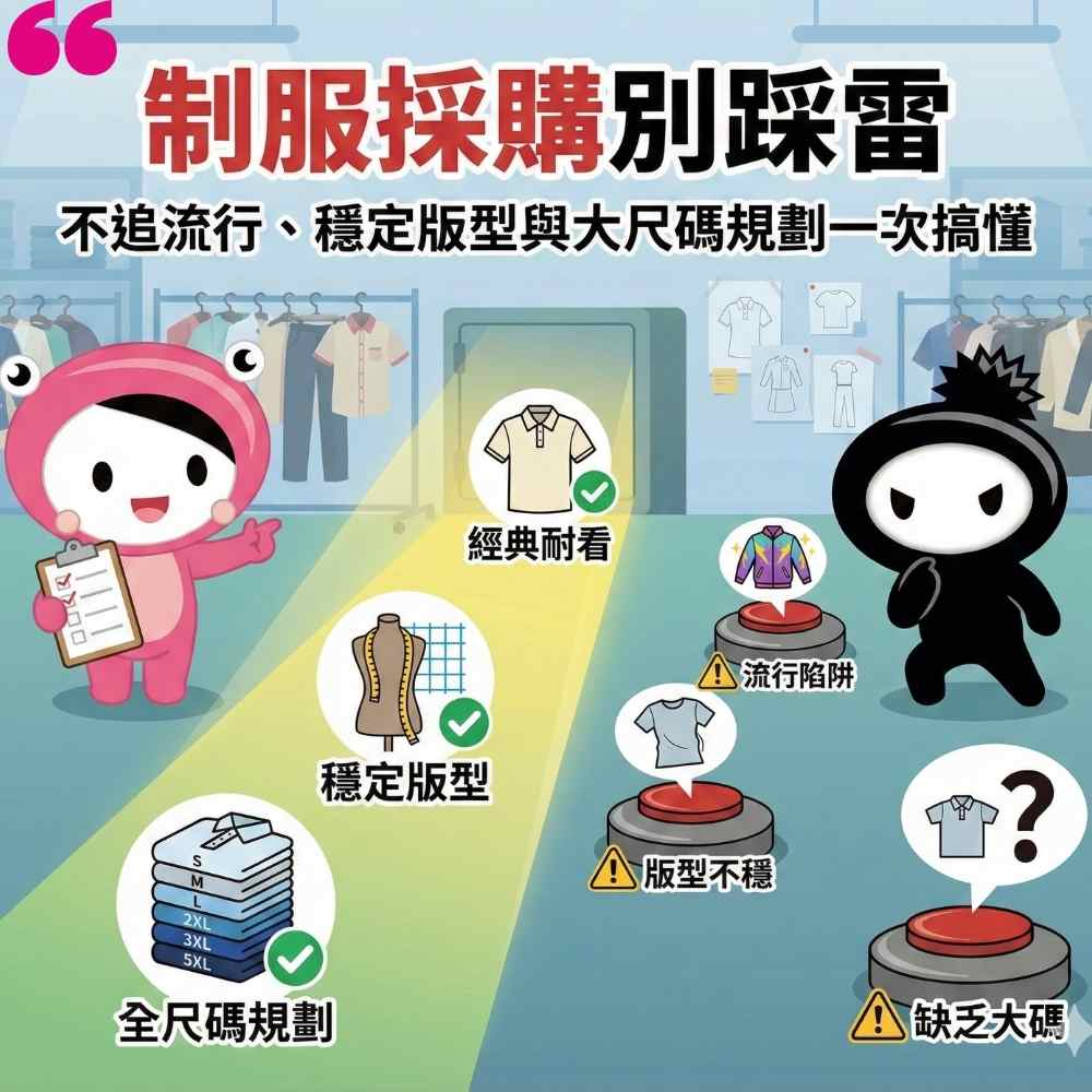 制服採購別踩雷示意圖，說明不追流行、穩定版型與大尺碼規劃的重要性｜D&T衣的廠團體服