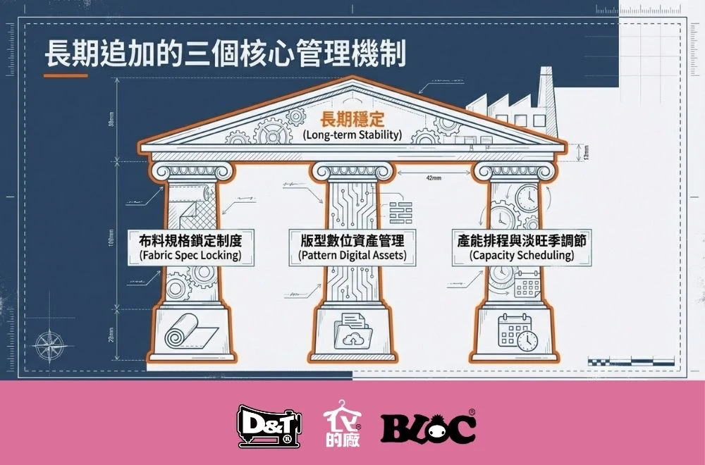 長期追加的三個核心管理機制 布料規格鎖定 版型數位資產 產能排程
