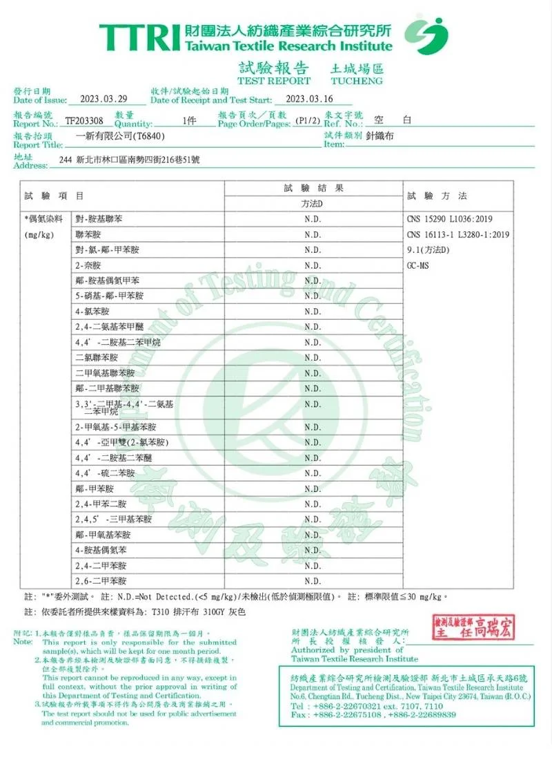 DT T310抗UV排汗布 TTRI 20多項禁用偶氮染料檢測,完全未檢出