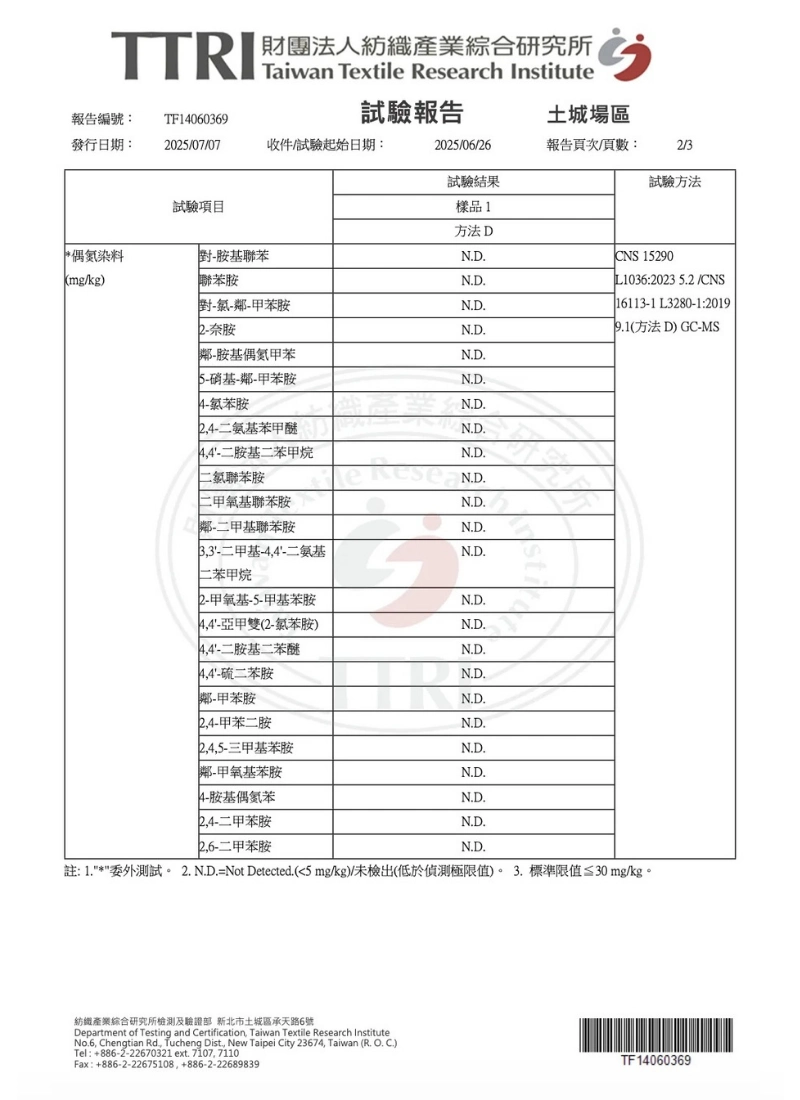 DT Z33春風涼爽排汗布 TTRI 禁用偶氮染料檢測，完全合格 N.D. 無毒保障