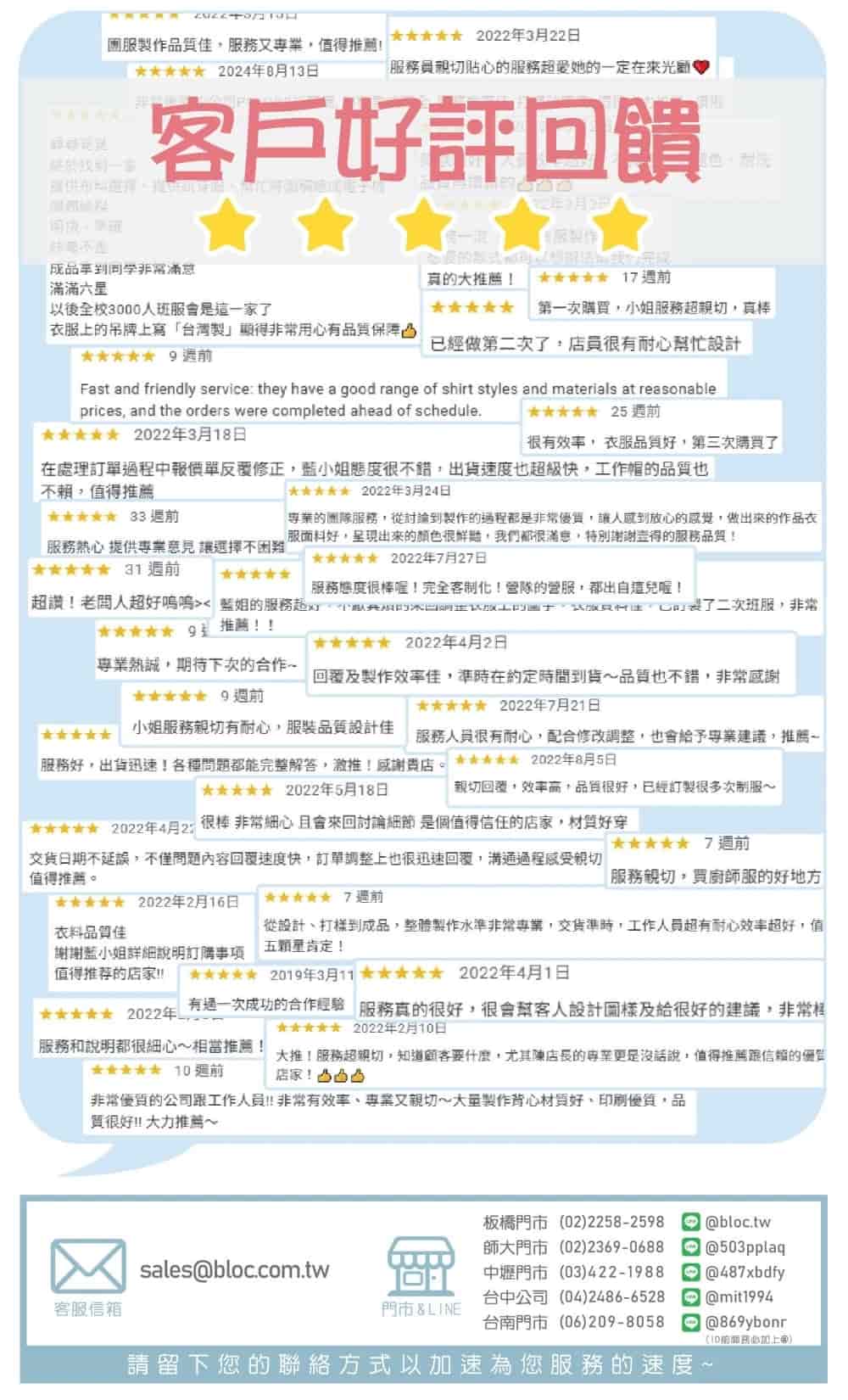 BLOC團體服客戶好評回饋圖示，顯示多位客戶對服務親切、品質穩定、交期準確的五星評價