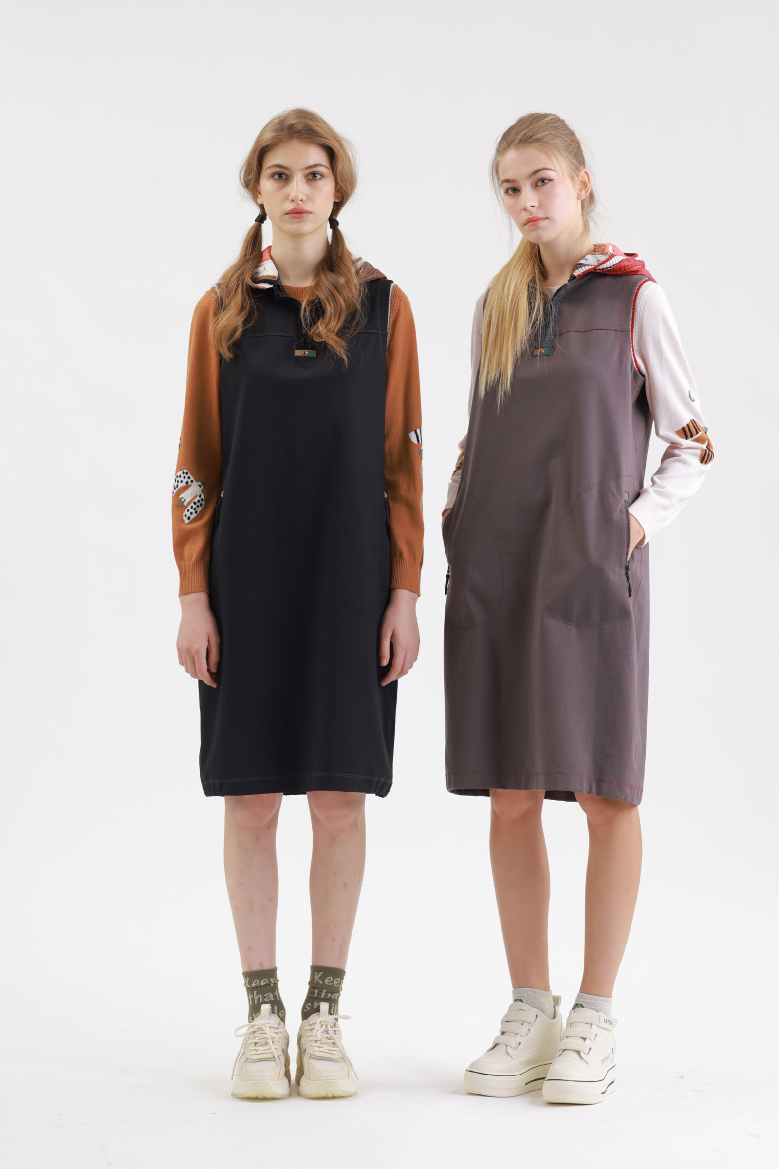 簡約修身戴帽洋裝示意圖