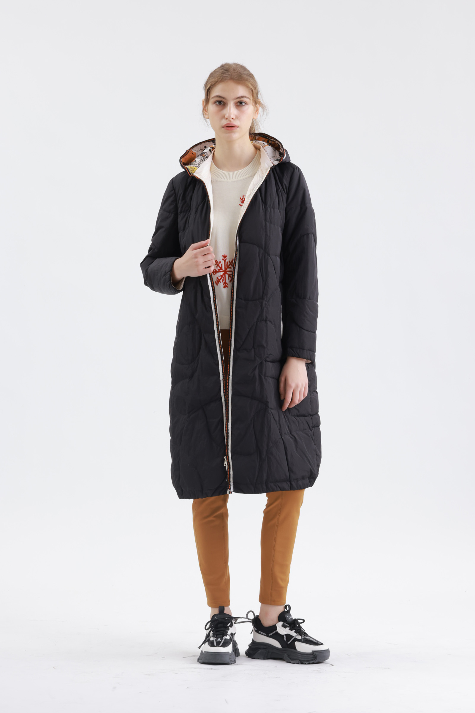 輕暖帶帽羽絨長外套示意圖