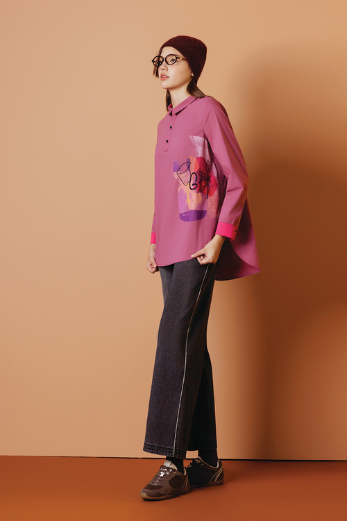 斑斕印花刺繡中長襯衫示意圖