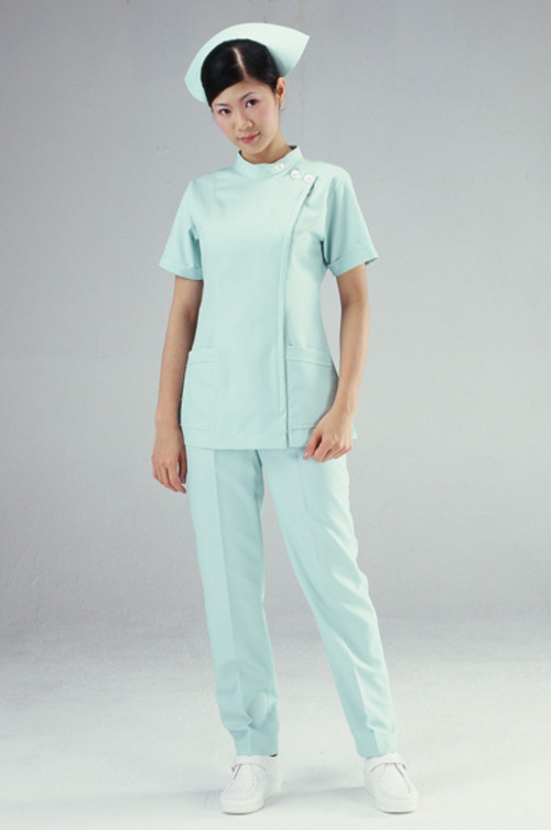 TB10036#粉綠色立領短袖護師服單上衣示意圖