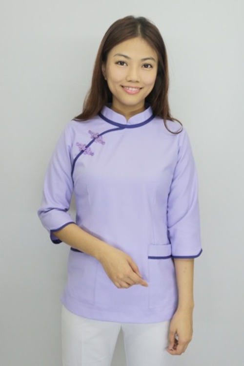B35067b#深粉紫色七分袖護師褲裝示意圖