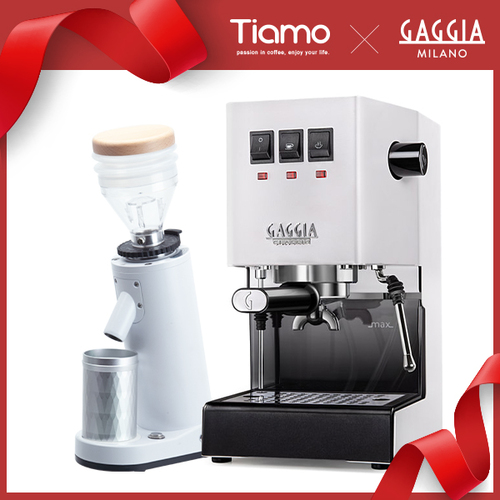 GAGGIA CLASSIC Pro 專業半自動咖啡機 - 升級版 110V 極地白 + TIAMO K40R 錐刀磨豆機示意圖