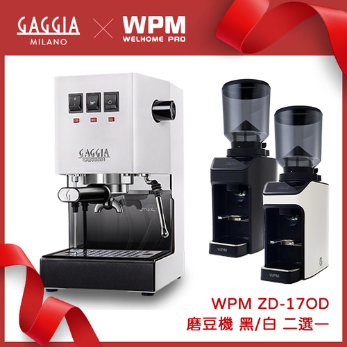 GAGGIA CLASSIC Pro 專業半自動咖啡機 - 升級版 110V 極地白+ WPM ZD-17OD All Ground 磨豆機 110V (不銹鋼)示意圖