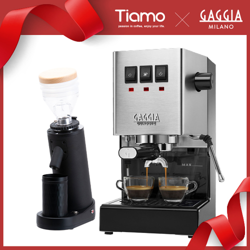 組合特惠！GAGGIA CLASSIC Pro 專業半自動咖啡機 - 升級版 110V 不鏽鋼原色 + TIAMO K40R 錐刀磨豆機示意圖
