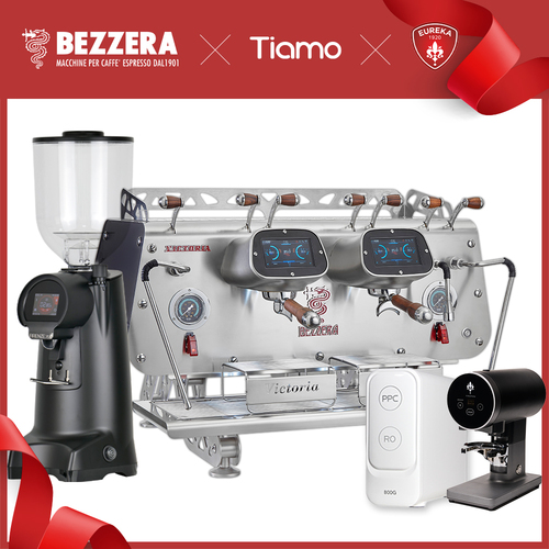【組合特惠】磨豆機3選1！BEZZERA 貝澤拉 質感黑－VICTORIA DE 雙孔機 + EUREKA FIRENZE 75 / Fiorenzato F64 EVO / WPM ZD-18 + Eureka自動填壓器 + RO鮮活純水機 + 鋼製 壓力式儲水桶示意圖