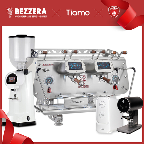 【組合特惠】磨豆機3選1！BEZZERA 貝澤拉 簡約白－VICTORIA DE 雙孔機 + EUREKA FIRENZE 75 / Fiorenzato F64 EVO / WPM ZD-18 + Eureka自動填壓器 + RO鮮活純水機 + 鋼製 壓力式儲水桶示意圖