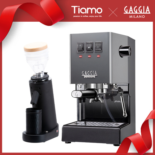 GAGGIA CLASSIC Pro 專業半自動咖啡機 - 升級版 110V 典雅灰 + TIAMO K40R 錐刀磨豆機示意圖