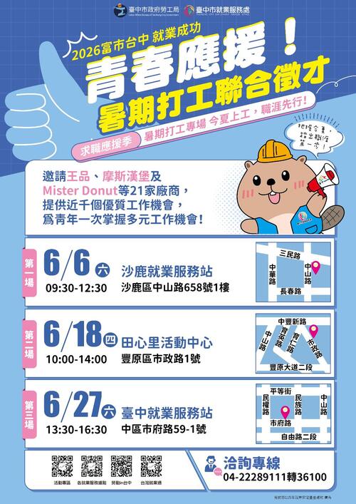 1150529暑期打工聯合徵才出發! 中市府邀21家廠商辦理3場次徵才 釋出近千個工作機會示意圖