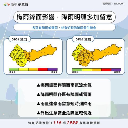 1150608梅雨鋒面及西南氣流影響 中市水利局三級開設嚴防強降雨示意圖