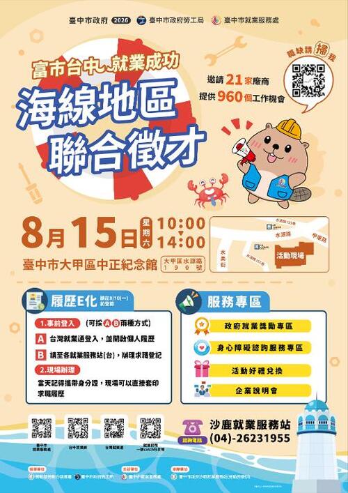 1150807台中海線就業大募集！8/15聯合徵才釋960職缺 21家企業強勢搶人才!示意圖