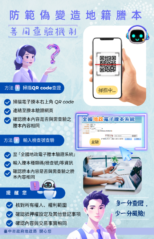 1150814地籍謄本是真是假？QR Code一掃立即驗證 不讓詐騙有機可乘示意圖