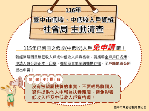 1150929民眾免跑區公所！中市10月起主動審查低收、中低收入戶資格示意圖