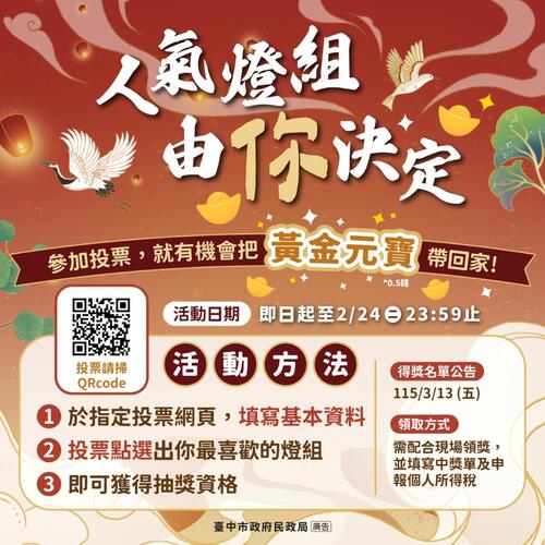 1150215走春賞燈拚好運！ 2026中台灣燈會「幸福祈願村」最強祈福燈區登場 票選人氣燈組抽萬元金元寶示意圖